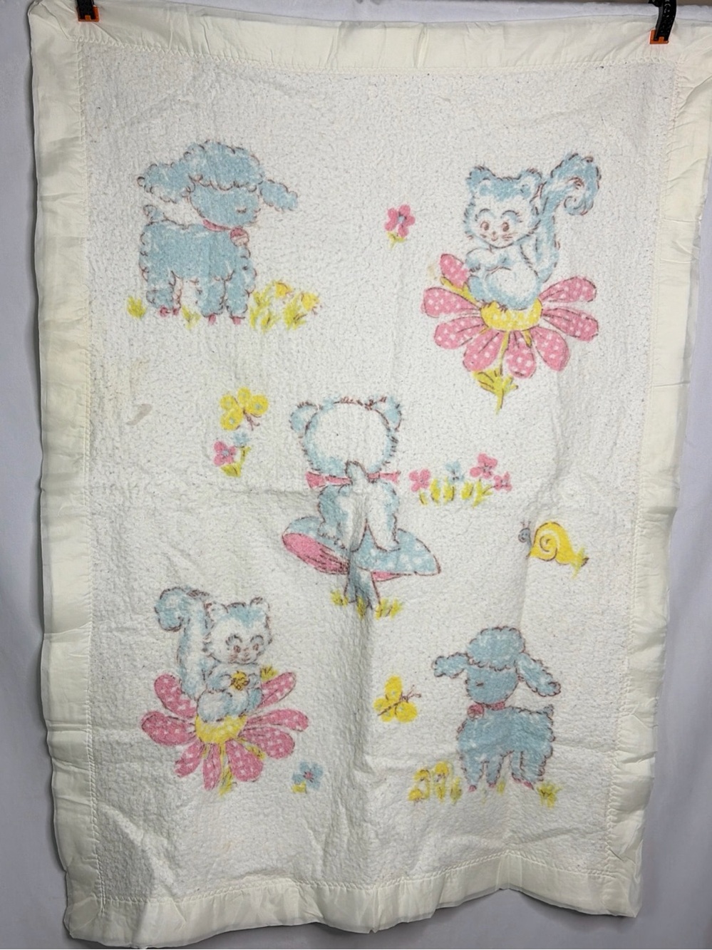Vtg Baby Blanket Satin Trim Dog Squirrel 34” x 47”